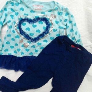 Kidtopia 2-piece Outfit with Silver, Hearts & Ruffle Design, Size 3T Blue & Teal